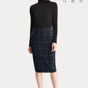 Ralph Lauren Navy and Green Plaid Pencil Skirt with Side Buttons